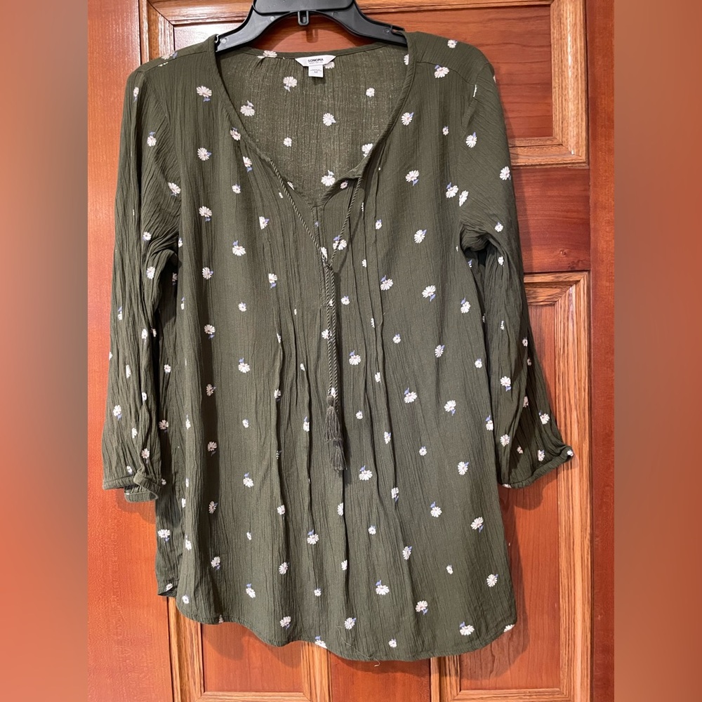 Sonoma Green Peasant Poet Blouse with flowers EUC M